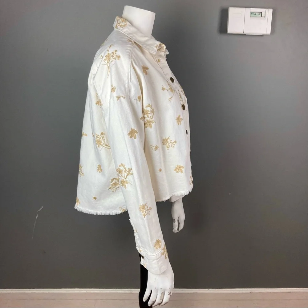 NEW Zara denim‎ jacket jean shirt white metallic floral embroidery extra small